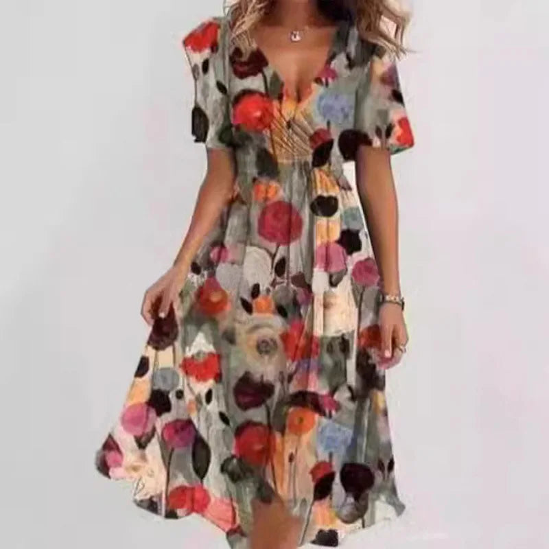 Elegant And Fashionable Printed Knee Length Dress For Women 2026 New Loose Casual V-neck Floral New Printed Dress Femme Robe