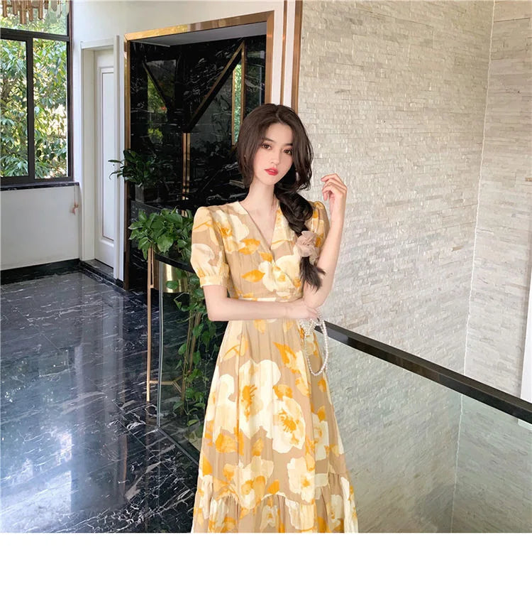Hebe Style Long Ankle Skirt Sweet Floral Print Women's Dress High Waist Fly Sleeve High Collar Street Trend Urban Fashion