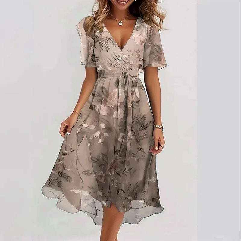 Elegant And Fashionable Printed Knee Length Dress For Women 2026 New Loose Casual V-neck Floral New Printed Dress Femme Robe