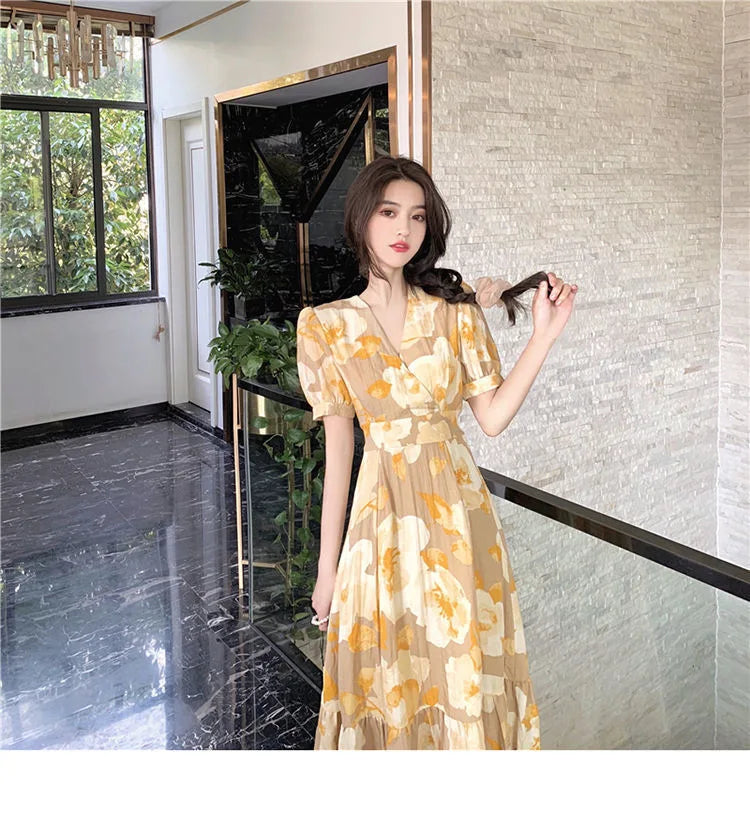 Hebe Style Long Ankle Skirt Sweet Floral Print Women's Dress High Waist Fly Sleeve High Collar Street Trend Urban Fashion