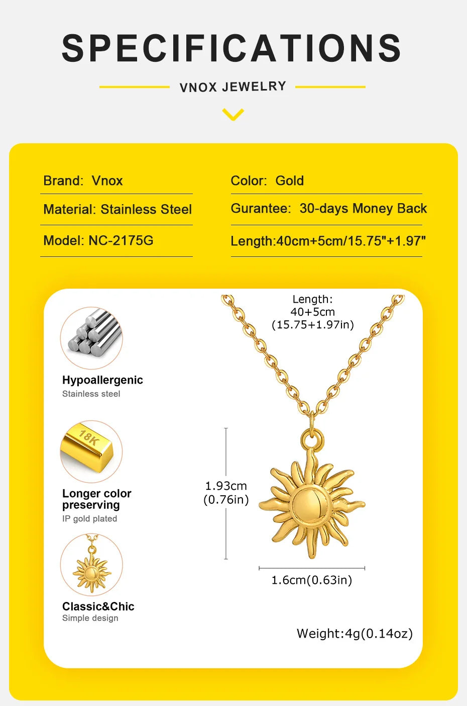 Vnox Gold Plated Shining Sunflower Necklace For Women,Stainless Steel  Aesthetic Jewelry,Fashion Sun Pendent Necklace Girls Gift