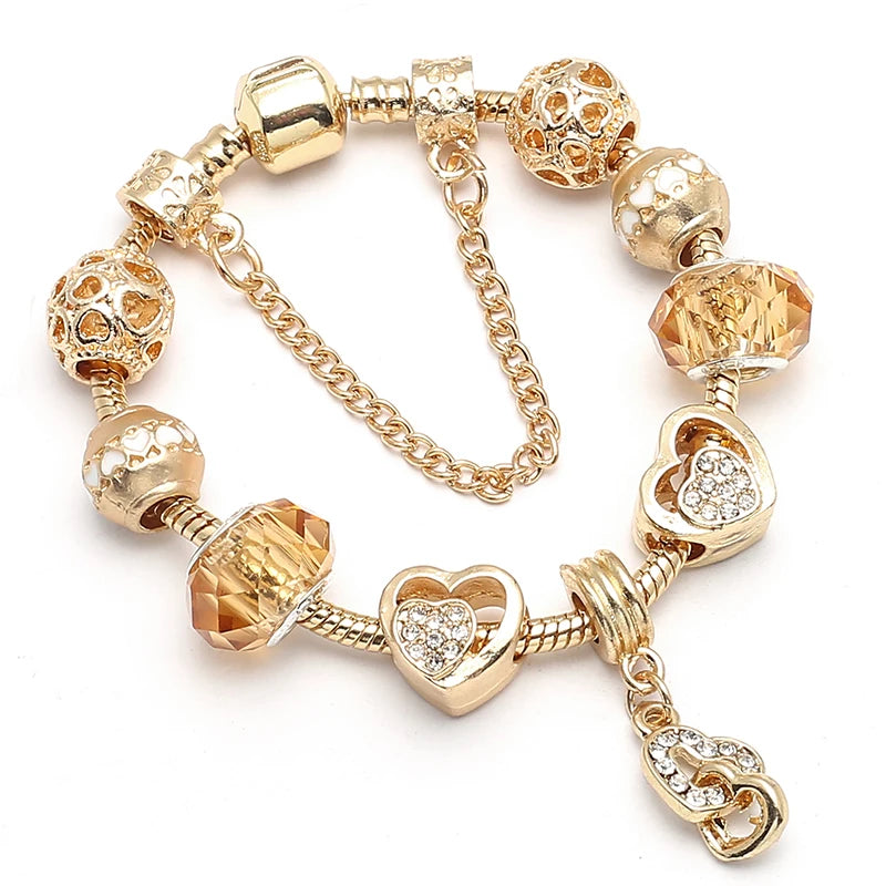 2024 New Crystal Heart Beads Charm Bracelets Gold Color Snake Chain Brand Bracelets for Women Lover Valentine's Day Jewelry Gift