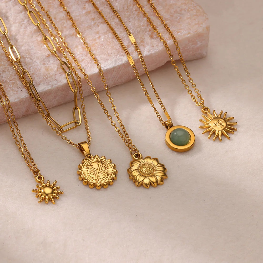 Stainless Steel Geometric Necklace For Women Fashion Sun Sunflower Pendant Clavicle Chain Aesthetic Jewelry Accessories Femme