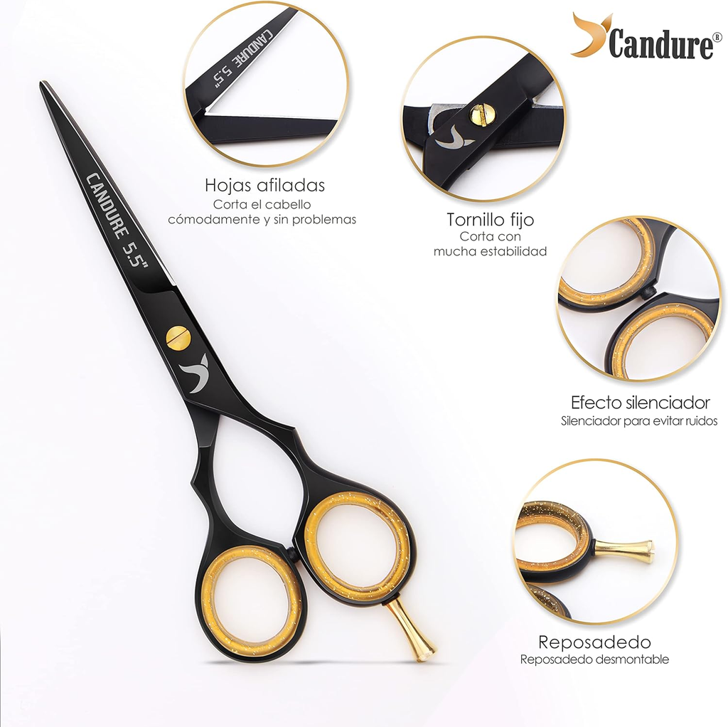 Tijeras de Peluquería Profesionales Candure 5,5" – Set Corte y Entresacar, Acero Inoxidable, Diseño Negro Profundo