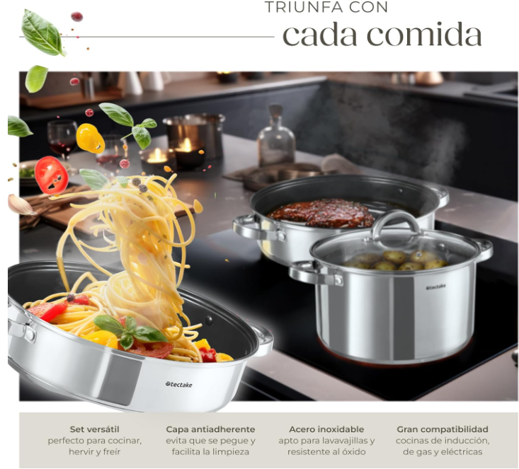 Bateria de Cocina 15 Piezas Acero Inoxidable Antiadherente - tectake